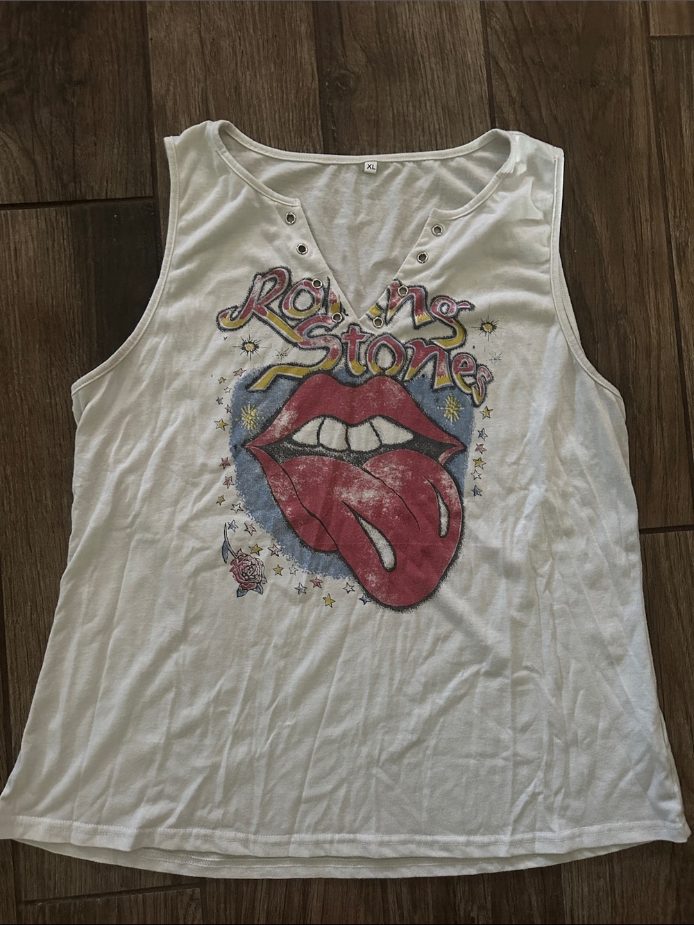 the Rolling Stones White Tank with Red Tongue Graphic and Blue Accent